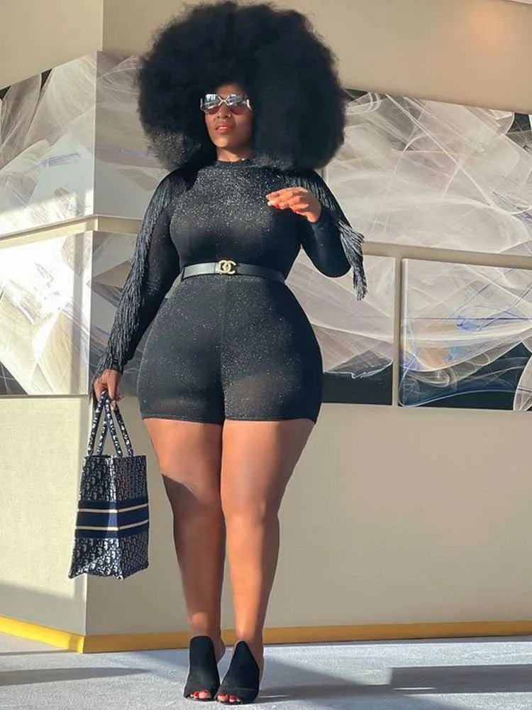 Maxy Plus Size Women Jumpsuits Fall Jumpsuit Long Elegant Party One Piece Outfits Tassel Shine Jumpsuit Ladies Romper Shorts Stretchy