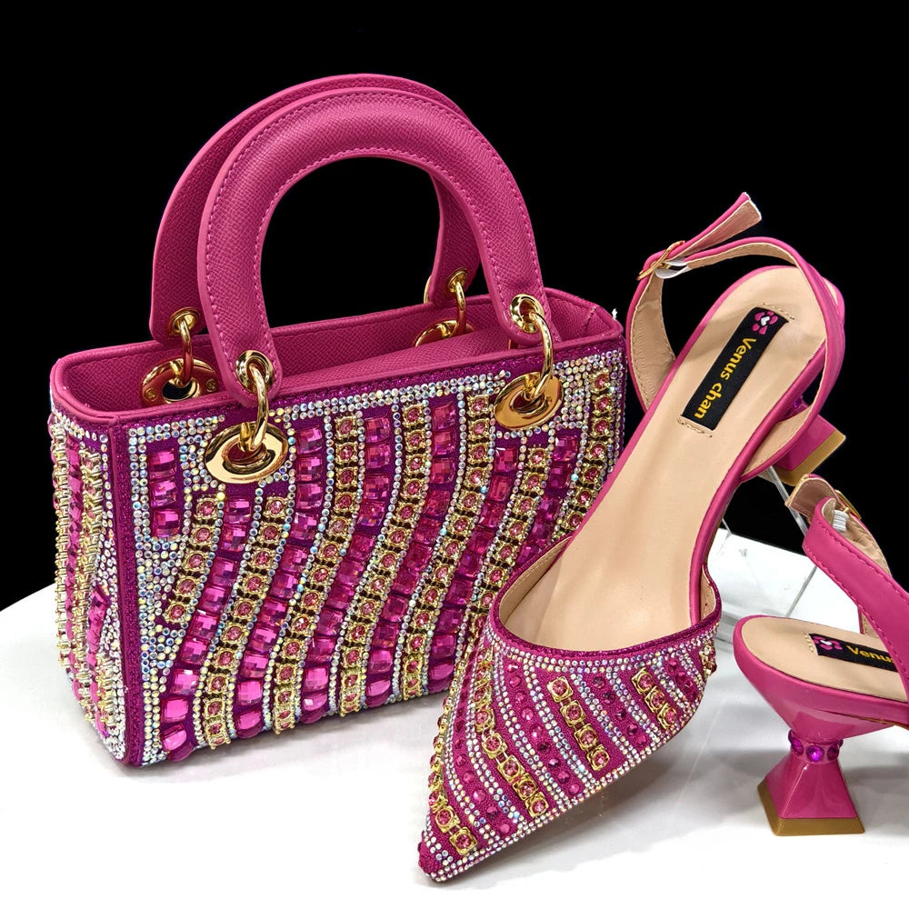 Maxy Summer New Design Specials Italian Women Shoes and Bag Set Blue Color Comfortable Low Heels With Rhinestone