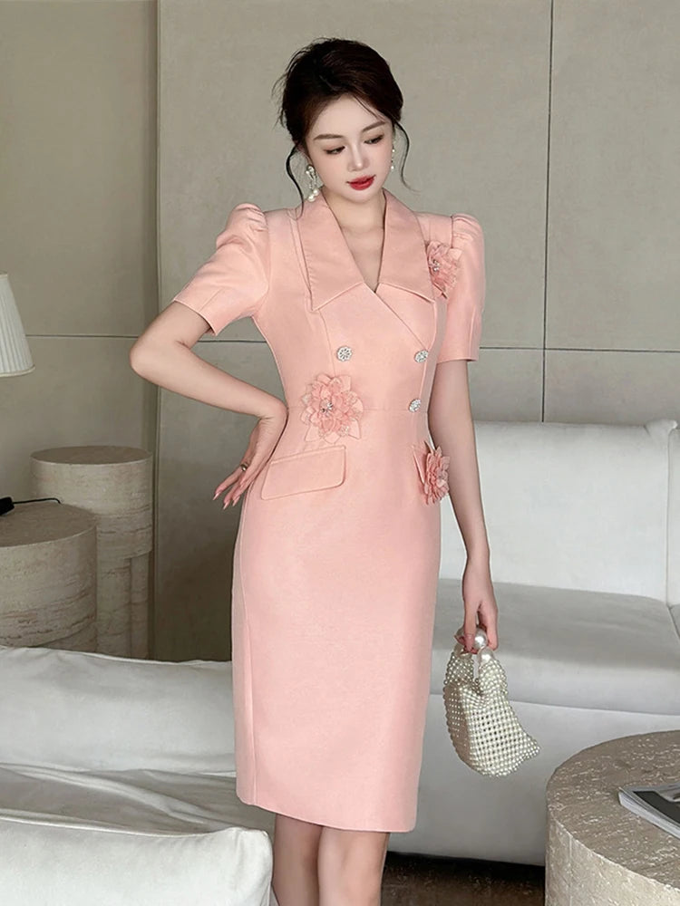 Maxy New Elegant Summer Fashion Pink Business Formal Occasion Dress Women Bubble Sleeve Slim Pencil Party Prom Vestido Street Clothes