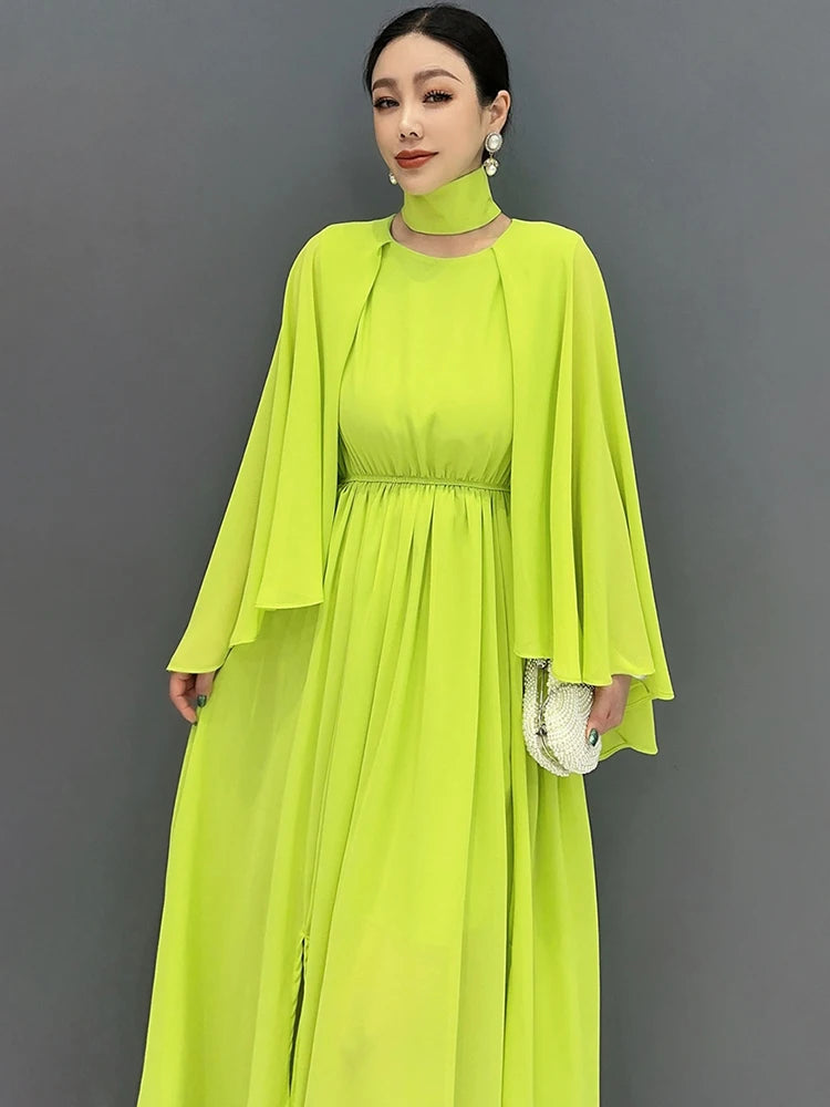 Babs Summer New Flare Sleeves Dress For Women Fashion Slimming Big Swing Chiffon Shawl Long Dresses Female Robe C1094