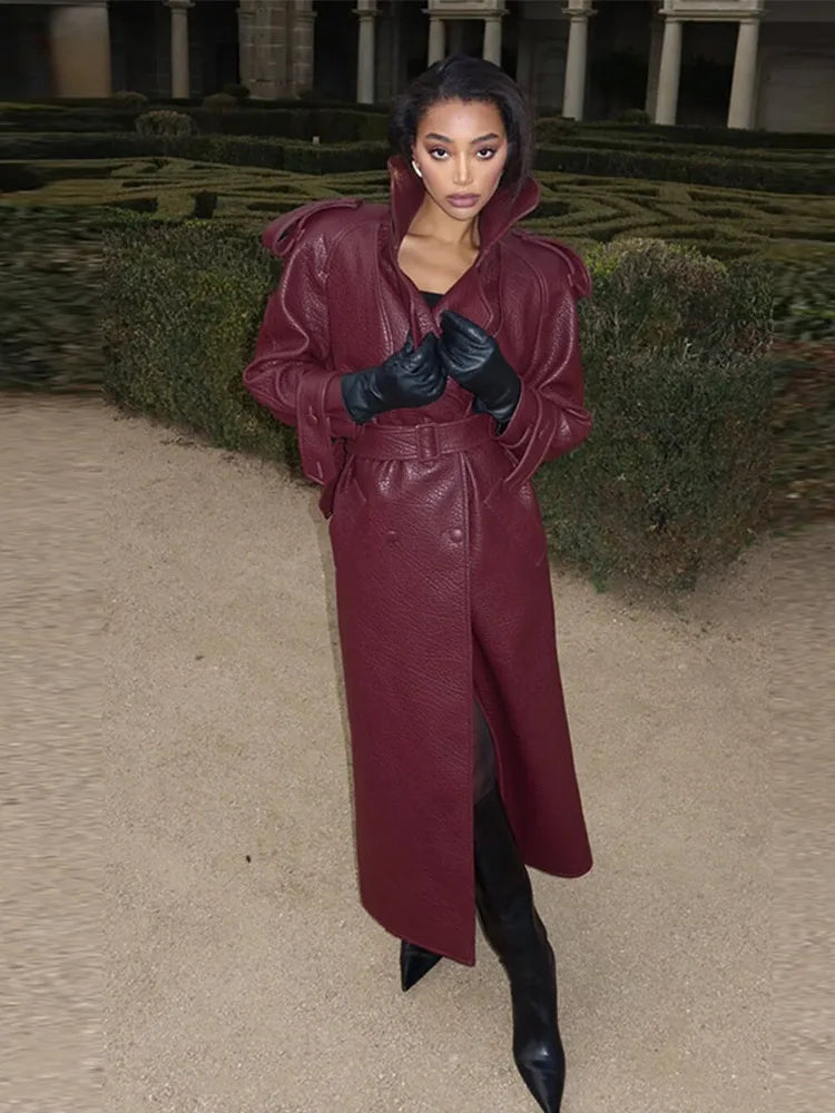 Maxy Retro PU Leather Long Jackets With Belt Women Casual Solid Single Breasted Jacket Female Spring Autumn High Street Outwears