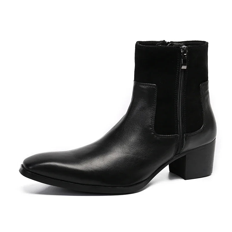 Amay Italian Business Black Male Real Leather Shoes Big Size Zipper Short Motorcycle Boot Classic Men Wedding Party Formal Dress Boot