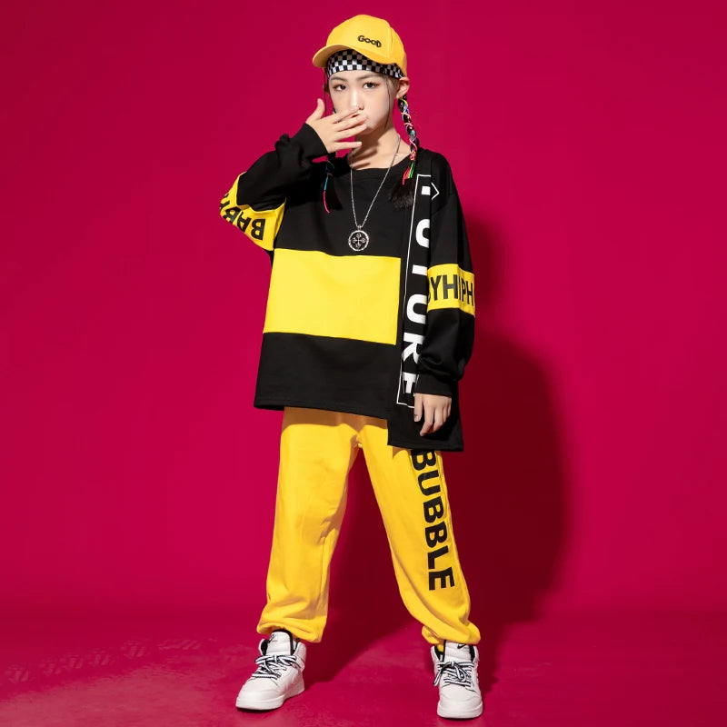 Maxy Kids Kpop Hip Hop Dancing Clothing 2 Tone Sweatshirt Top Streetwear Sweat Pants For Girl Boy Show Jazz Dance Costumes Clothes