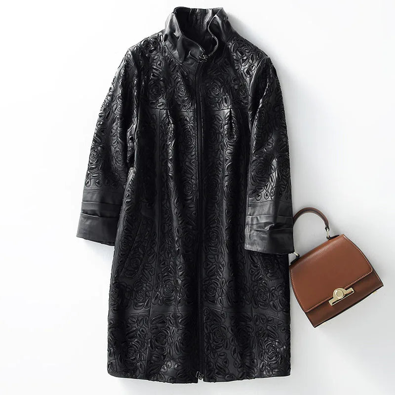 Amay Embroidery Hollow Out Sheepskin Windbreakers Female OL Style 100% Real Leather Medium Long Jacket Streetwear Stand Collar Coat