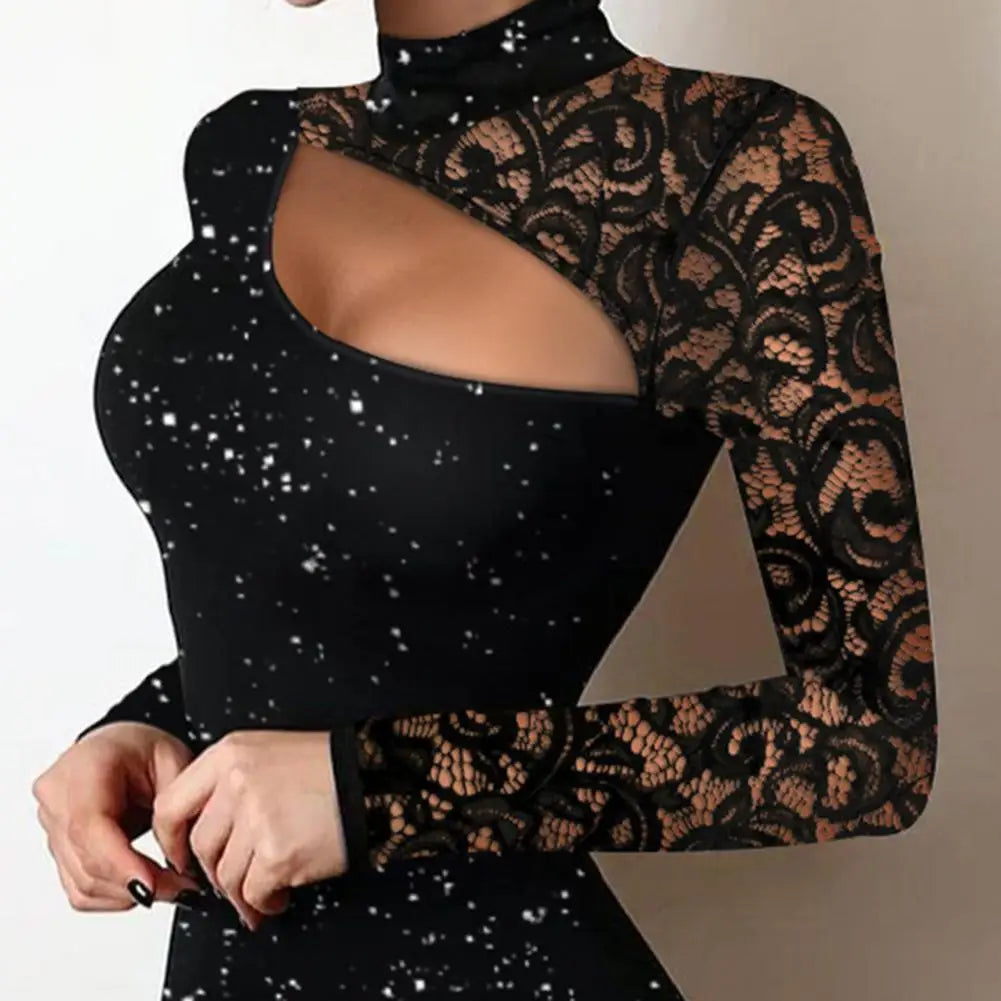 Amay Women Dress Lace Embroidered Sheath Dress with Stand Collar for Prom Party Slim Mini Dress with Hollow Out