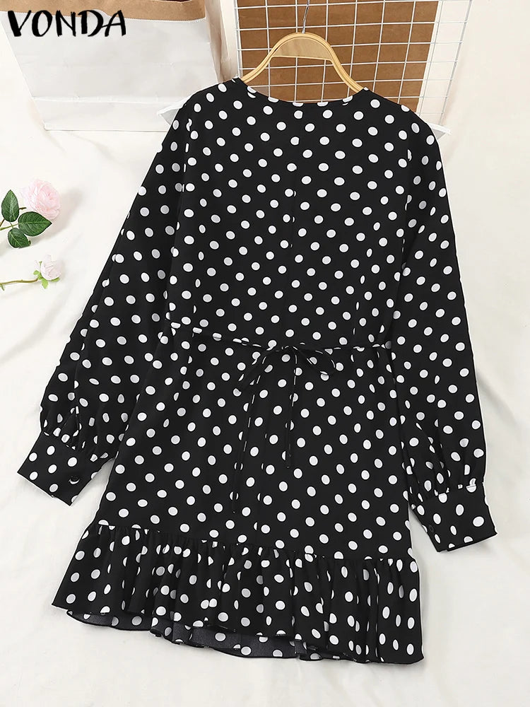 VONDA Dot Printing Mini Dresses 2024 Women Ruffeld Elegant V-Neck Vestidos Holiday Sundress Casual Lantern Long Sleeve Robe