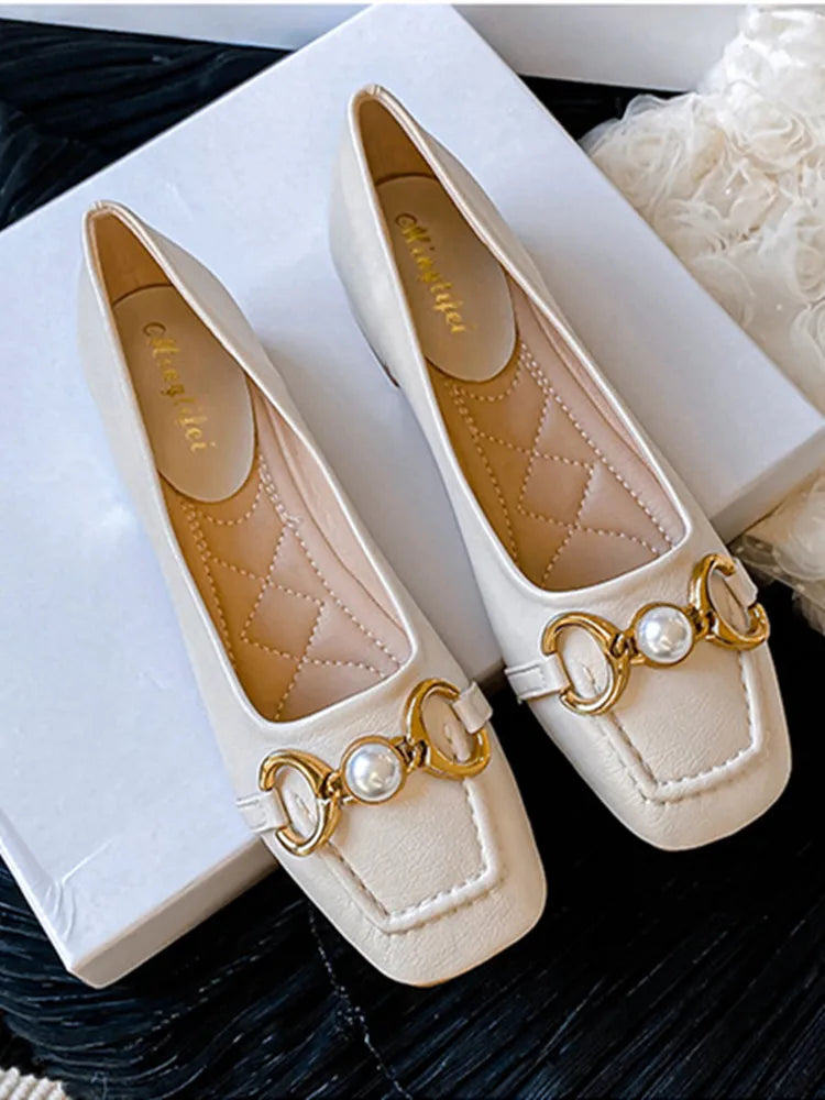 Amay New Women Med Heel Square Toe Pumps Office Lady Shoes Big Gold Metal Chain Soft Soles Slip on Leahter Shoes