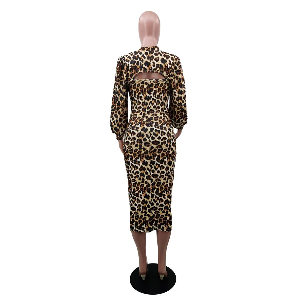 Print Leopard Two Piece Sets Turtleneck Puff Sleeve Tank Dress Hollow Women Outfits Party Evening Elegant Fashion Suits 2024