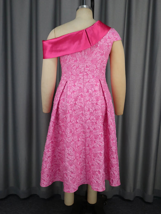 Pink Jacquard A Line Dresses for Women Slant collar Party Event Wedding Guest Birthday Occasion Female Gowns Lovely Prom African