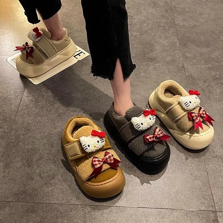 Maxy Hello Kitty Doll Casual Shoes for Women in Winter with Thick Velvet for Height Increase, Wearing Cotton Shoes Externally