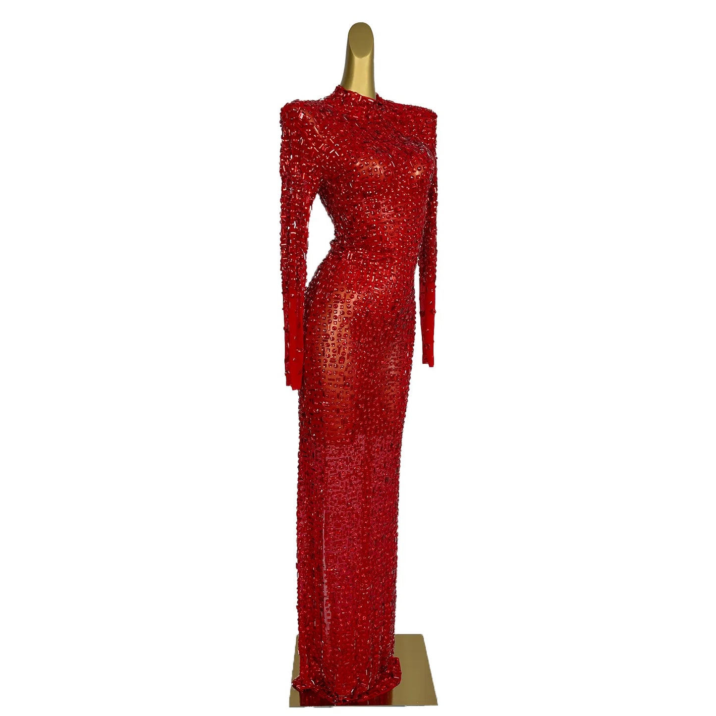 Maxy Red Diamonds Dress See Through Long Sleeve Evening Dress Festival Clothing Rhinestone Prom Gowns  Special Occasion Dress Gesebei