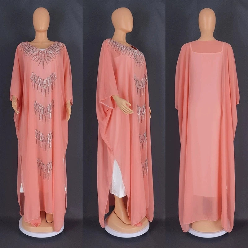Maxy Ramadan Moroccan Muslim Luxury Fashion Robe Women's Wear African Large Fat Mask Robe Hot Diamond Two Piece Dress Set