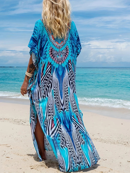 Maxy Fantasy Batik Tie Dye Dress Women Summer Rayon Long Dress Bali Beach Cover Ups Holiday Resortwear Bath Pullover Robe Kaftan
