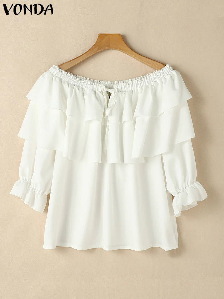 Maxy Plus Size 5XL Women Blouse Fashion Solid Color Off Shoulder Tunic Casual Multi-layer Ruffle Shirts Bohemian Tops