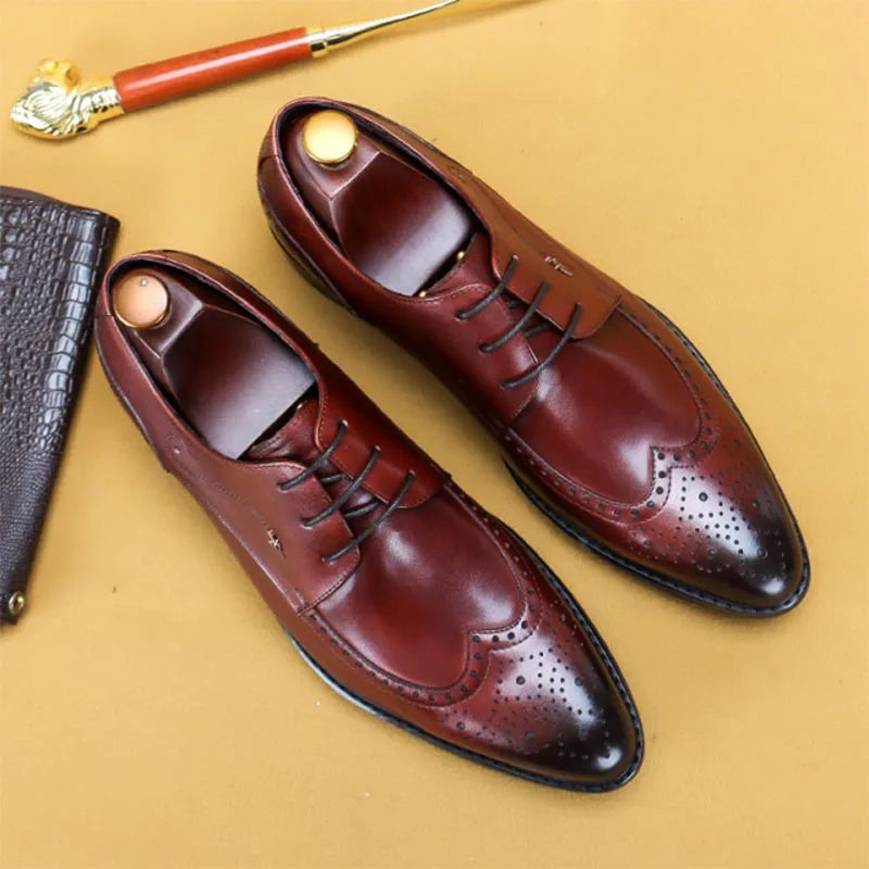 Visco Vintage Classic Men's Brogues Shoes Italian Handmade Real Leather Elegant Black Dress Shoe Red Brown Wingtip Gents Suit Social