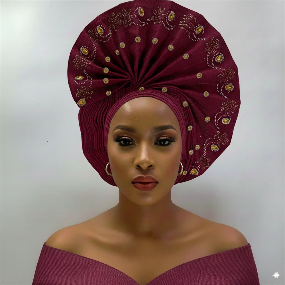 Maxy Head tie Gele Luxury Handmade African Gele Turban with Stones Women’s Head Wear for Party Wedding