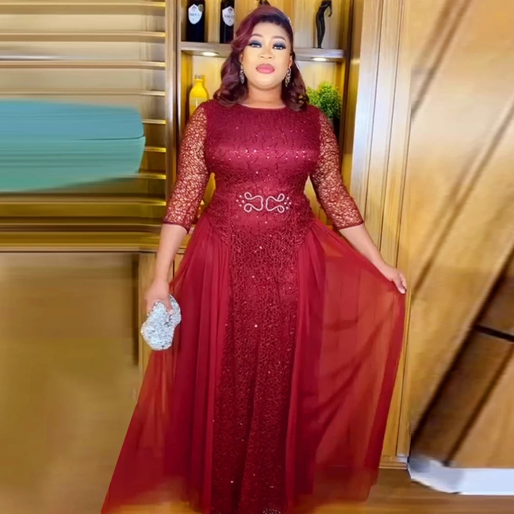 Maxy African Lace Chiffon Dresses For Women Plus Size Ankara Dashiki Maxi Robe Dubai Turkey Sequin Abaya Wedding Party Dress