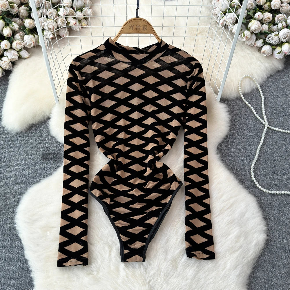 Maxy Foramina Bodysuits Women Fashion Hollow Out Mesh Long Sleeve Stand Collar Plaid Pattern Slim Waist Bodycon Night Club Body Tops