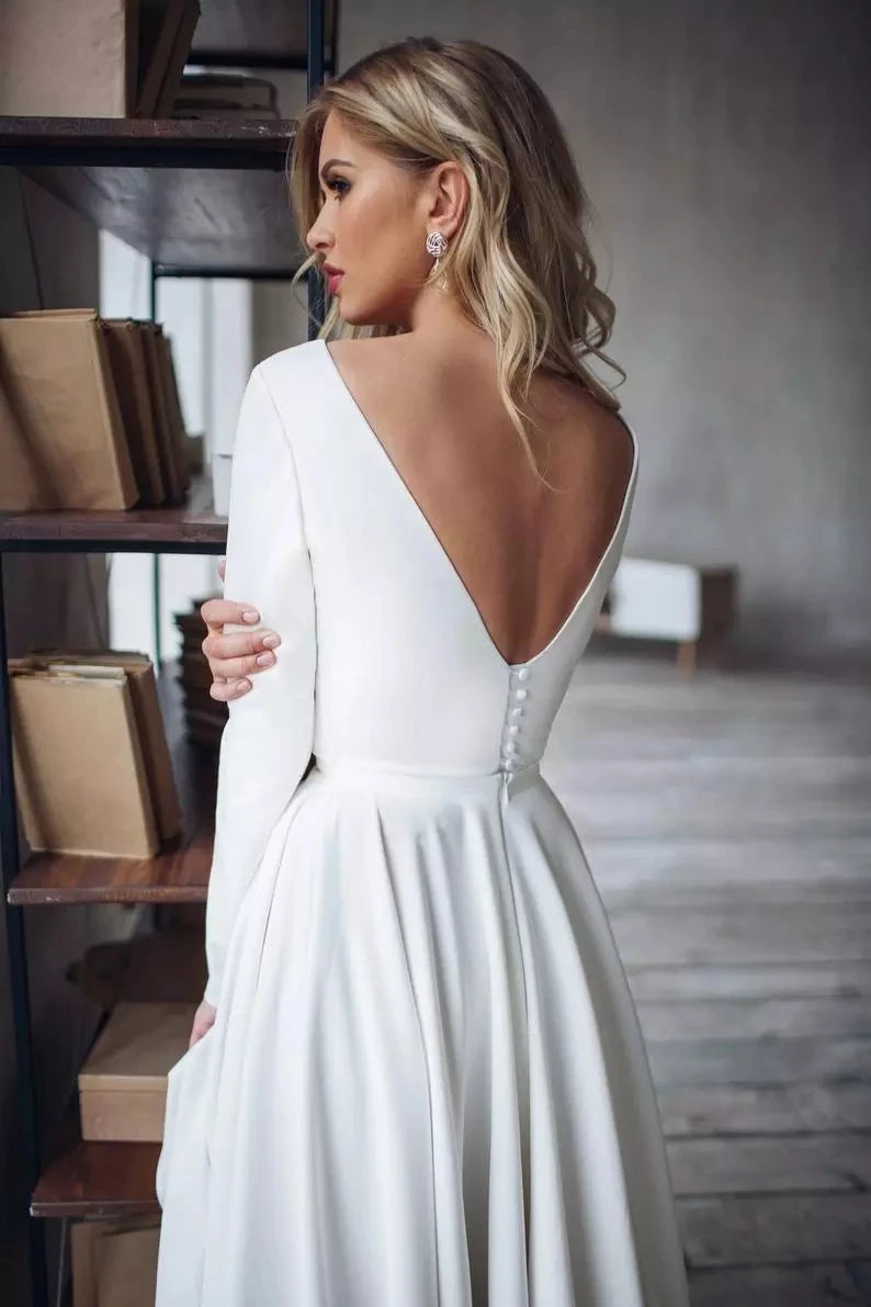 Maxy Customized White Long Sleeve Soft Satin Wedding Dresses Open Back High/Low Beach Boho Bride Gowns A-line Party Dress