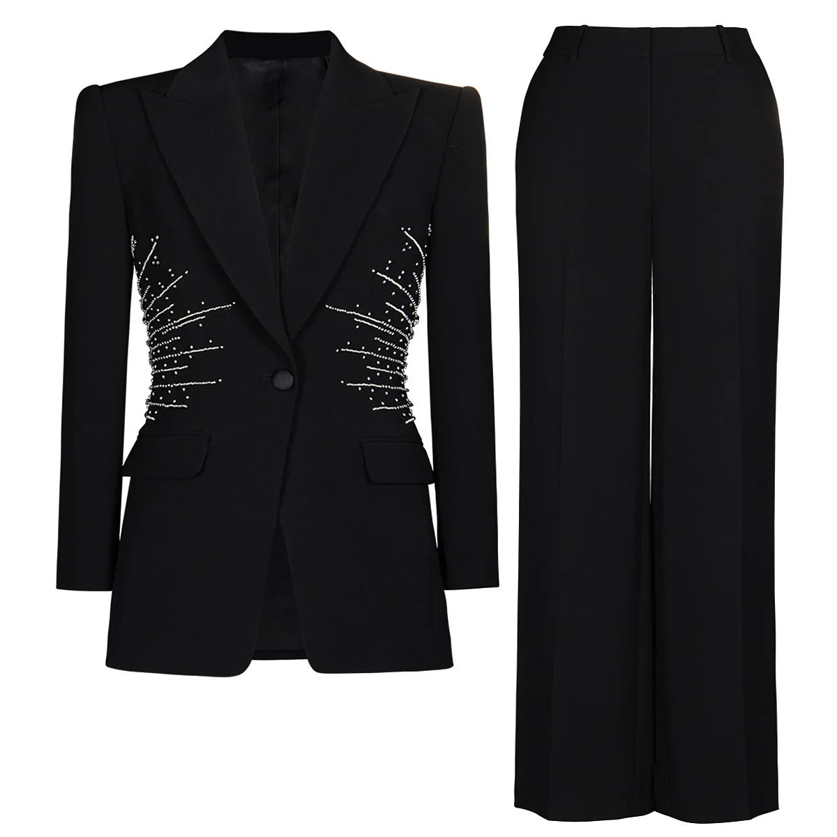 Maxy French Elegant Commuter Office Lady Business Sets Beads Single Buckle Suit Jacket High Waist Straight Pants Two-piece Set Women
