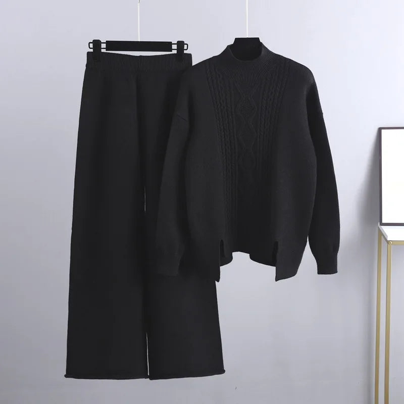 Maxy Winter Cashmere Women Tracksuits Thick Oversized Women Turtleneck Sweater 2 Pieces Sets Drawstring Harem Pant Suits Outfit