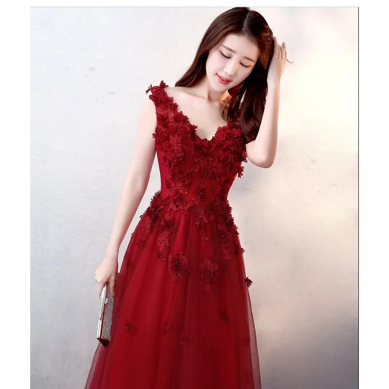Maxy New Women's Sexy V-neck Embroidered Bridal Wine Red Toast Evening Dress Fashionable Slimming Banquet Slimming Long Dress