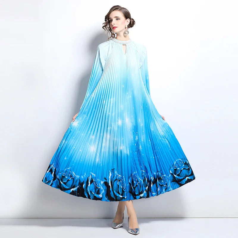 Maxy Premium Embroidered & Heat-Set Chiffon Dress for Women, Flowy Print with Pleats, Pearl-Button Accent, Elegant Maxy Skirt