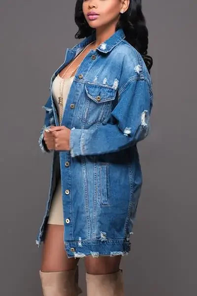 Maxy Europe and the United States new style women's street trend jacket long style jeans trench coat denim jacket women