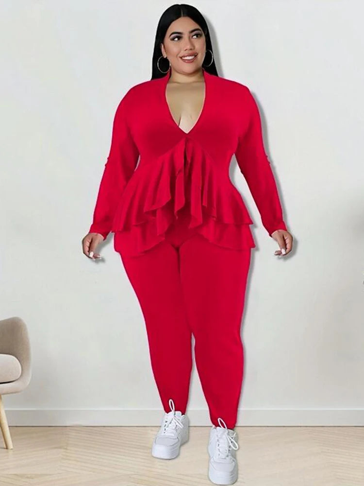 Maxy Plus Size Women Clothing Chic and Elegant Pants Suit Set Two Piece Sets Coat Ruffle Blazer Sets dress