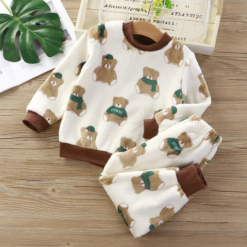 Maxy New 2024 Autumn Winter Kids Thick Warm Flannel Pajama Sets Baby Boys Girls Cartoon Long Sleeve O-neck Clothing Sleepwear Pyjamas