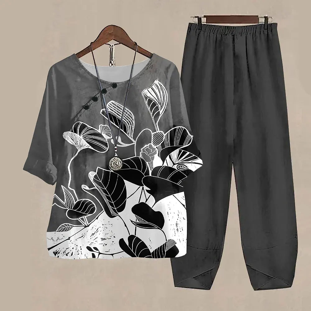 Maxy Leaf Printing Women O Neck Short Sleeve Suit Elegant High Waist Pants Fashion Top&Pants Set Casual Outfits Two Piece Sets Summer