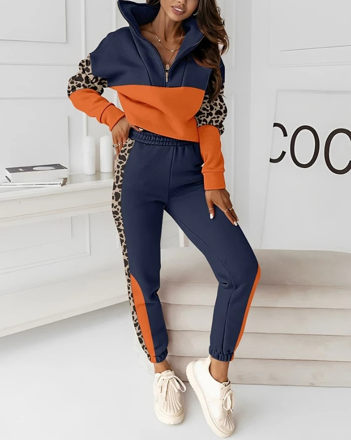 Maxy Casual 2024 Spring Summer Sweatpants Sets for Women Long Sleeve Colorblock Leopard Print Zipper Pocket Design Sweatshirt