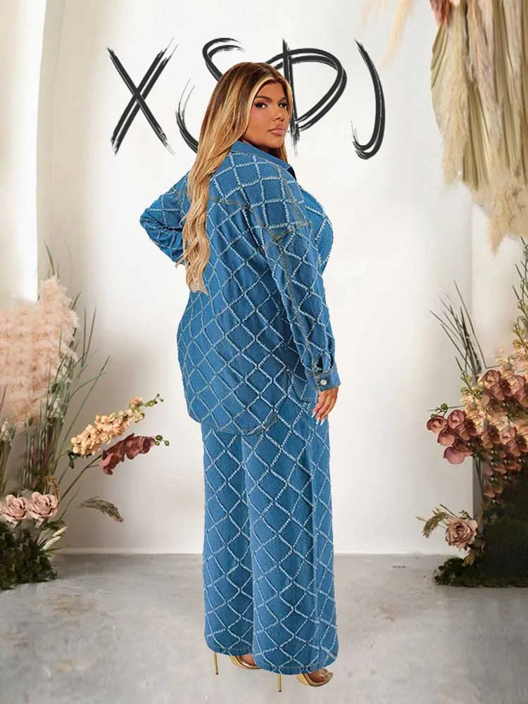 Maxy 2 Piece Set Women Jeans and Jacket Winter Casual Outfits Long Sleeve Denim Plaid Coat and Pants Sets Plus Size Clothes