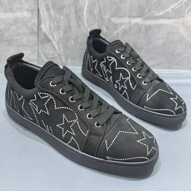 Visco Luxury Man Black Shoes Fashion White Rhinestones Sneakers Men Casual Shoes Low-top Leisure Sneaker Shoes