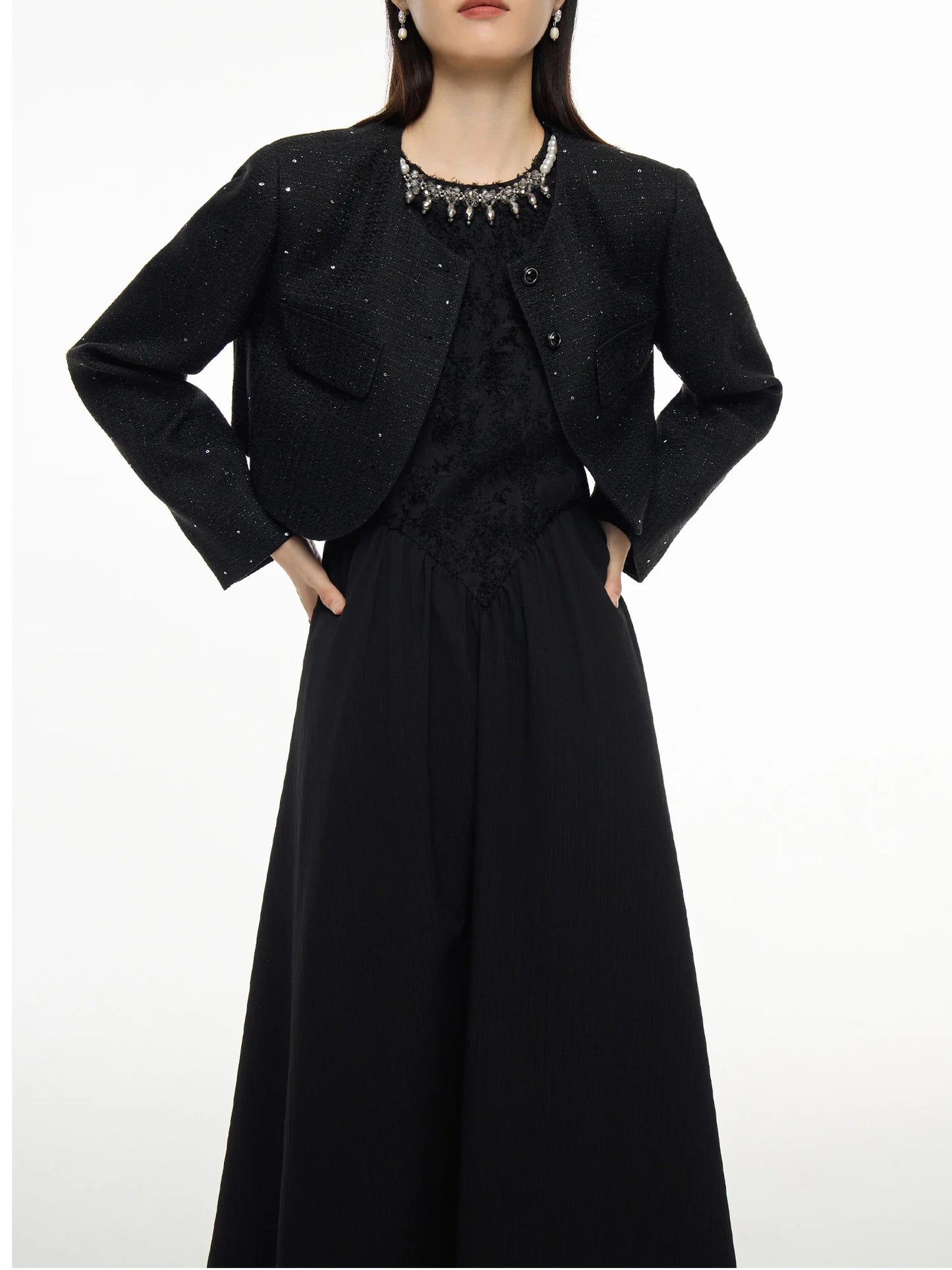 Maxy Women Short Tweed Jacket Black Temperament Coat Sleeveless Halter Neck Dress Office Lady Autumn Set 24DS83339+24DS83340