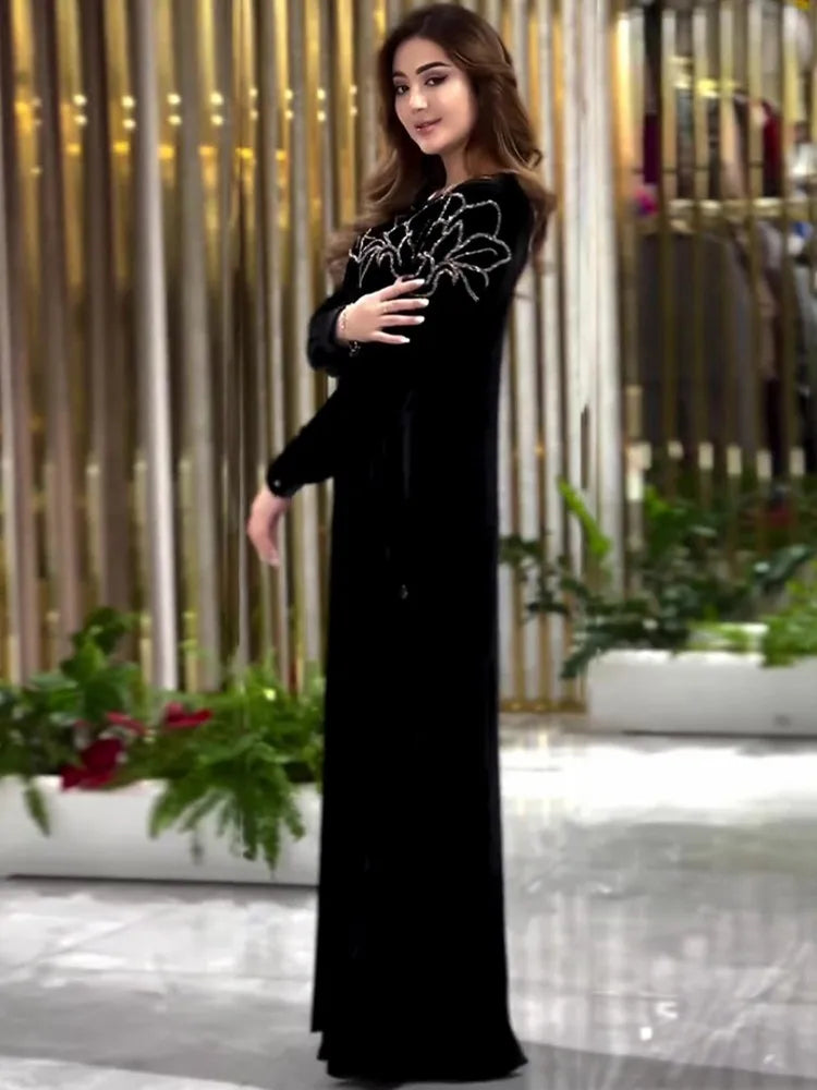 African Dresses For Women Long Sleeve Turkey Diamonds Evening Wedding Party Floor Length Dress Muslim Africa Clothes 2024