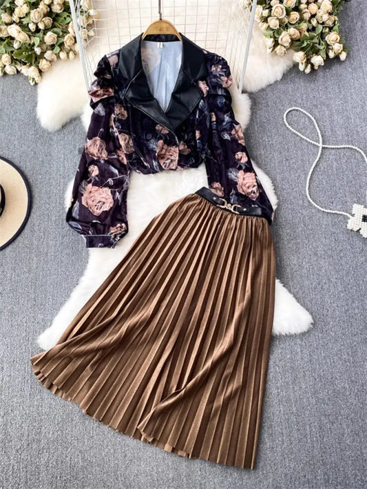 Maxy Fashion Set Women Celebrity Temperament Suit Collar Loose Gold Velvet Shirt 2 Piece High Waist Pleated Skirt Autumn Outfit Z3530