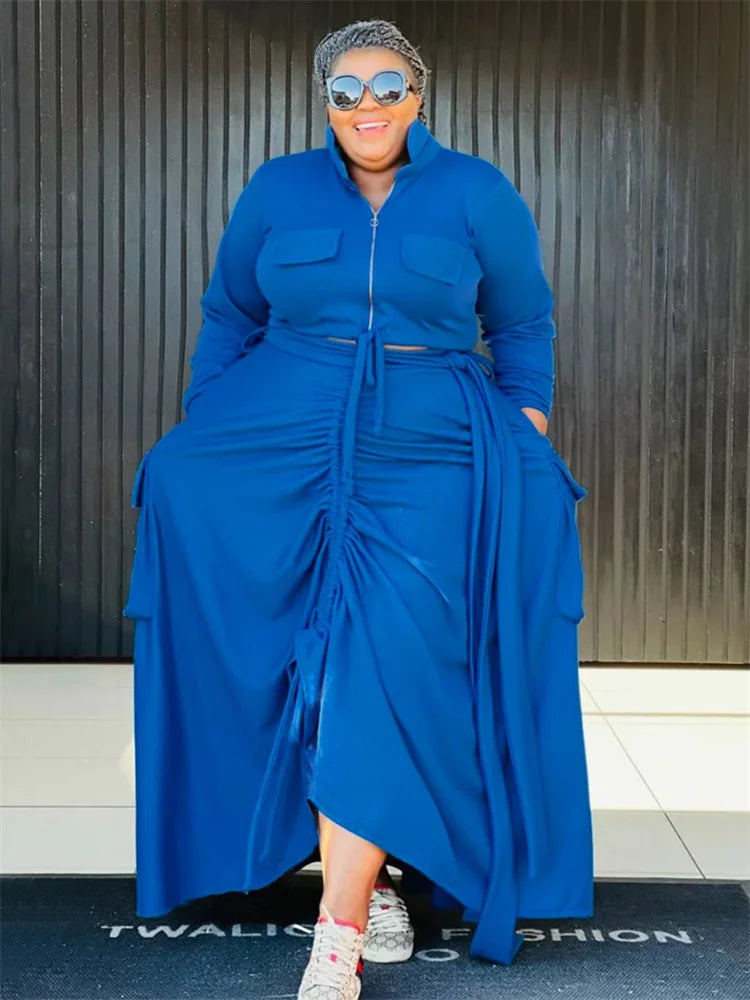 Wmstar Plus Size Two Piece Sets Women Fall Clothing Solid Zip Up Tops and Dress Sets Bandage New Wholesale Dropshopping 2024