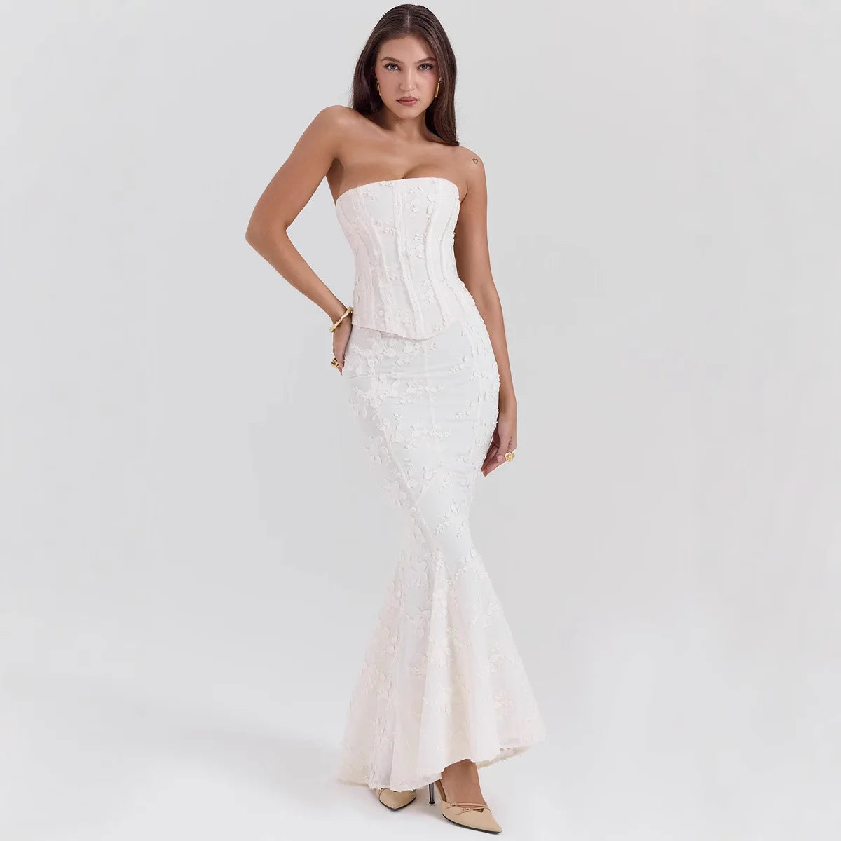Fangokv Women's Sexy No Sleeve Fish Tail Tank Maxi Dress - Backless Mermaid Gown, Lace Jacquard, Ruched, Party Evening Wear
