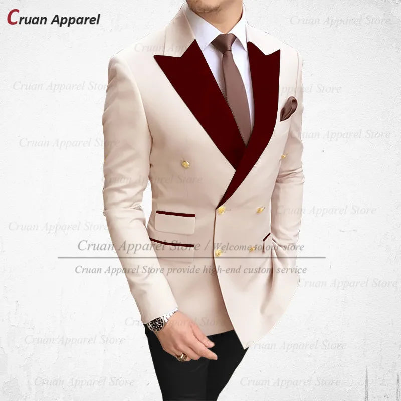 Visco Tailor-made 2024 Sky Blue Men's Suits 2Pcs Slim Fit Best Man Groom Wedding Tuxedo Fashion Burgundy Velvet Lapel Blazer Pants Set