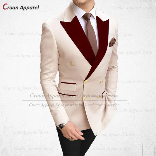 Visco Tailor-made 2024 Sky Blue Men's Suits 2Pcs Slim Fit Best Man Groom Wedding Tuxedo Fashion Burgundy Velvet Lapel Blazer Pants Set