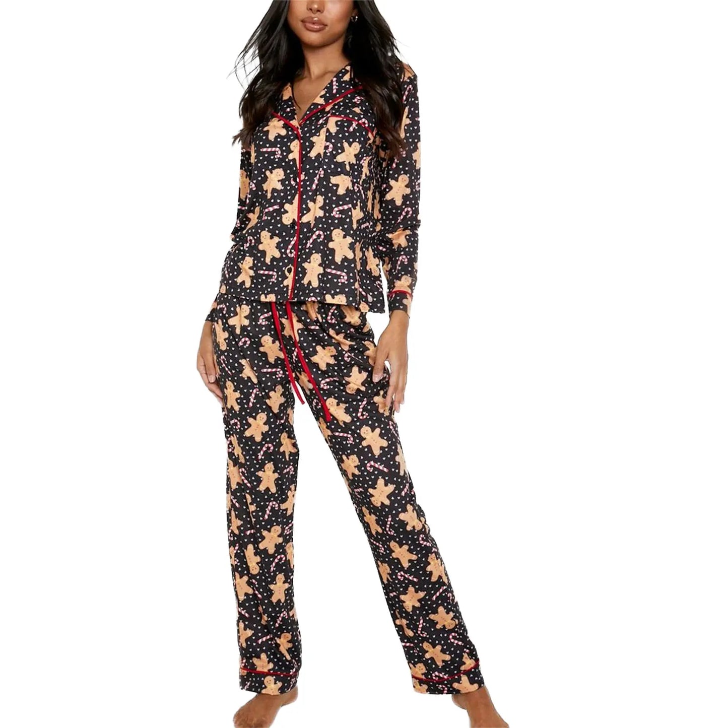 Womens Christmas Print Pajamas Set Long Sleeve Turn-down Collar Tops and Pants Loungewear Set