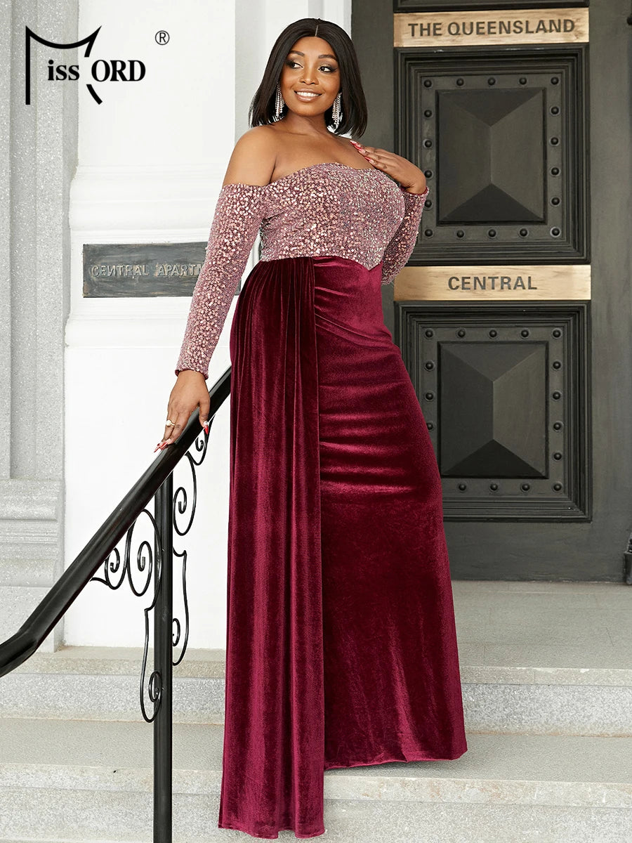 Maxy Wine Sequin Velvet Plus Size Party Dress Women Off Shoulder Long Sleeve Draped Bodycon Mermaid Evening Dresses Prom Gown