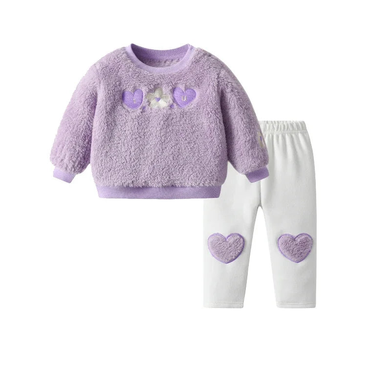 Maxy Girl Fleece-Lined Purple Velvet Two-Piece Set Outfits Kids Autumn Winter Fleece-Lined New Children Clothes Korean Suit