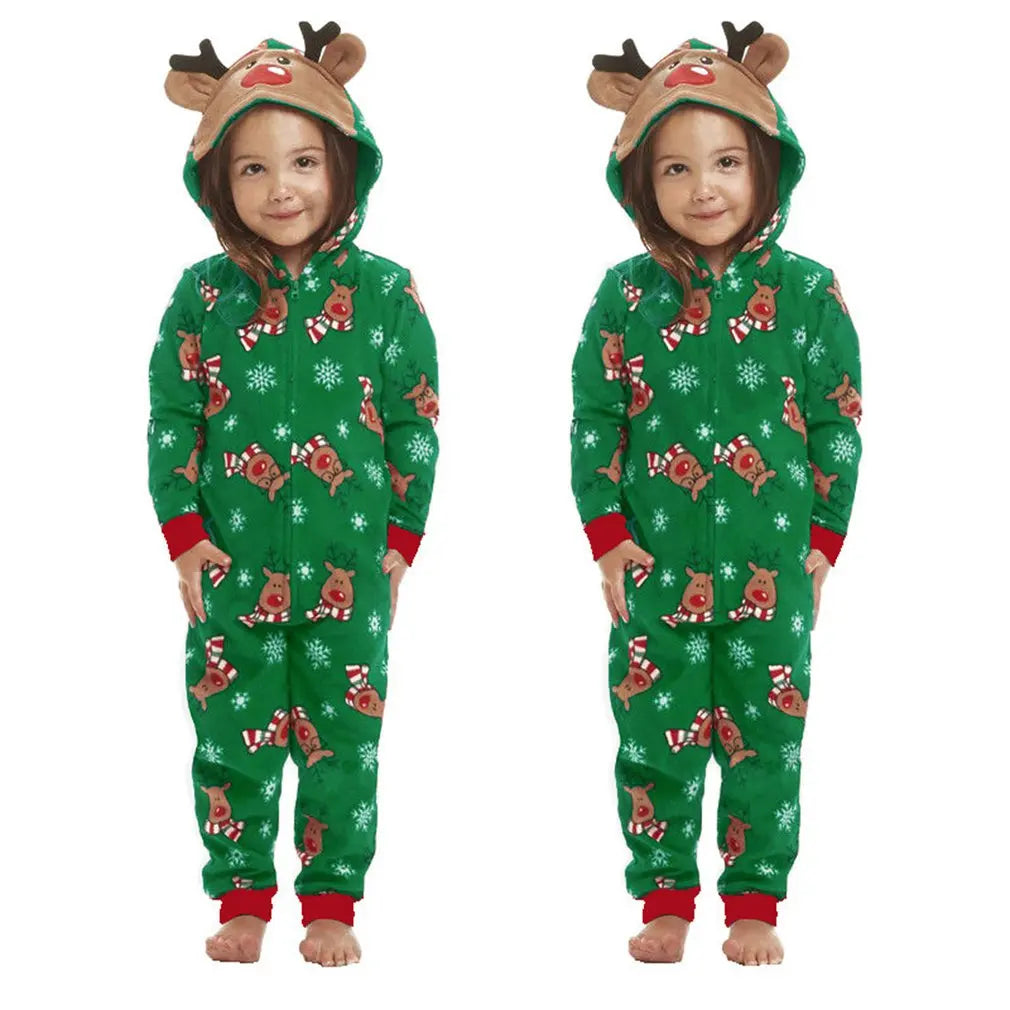 Christmas Pajamas Set One-Piece Zip-Front Romper With Antler Hood For Family PJs Sets Family Matching Kid Adult Xmas Sleepwear