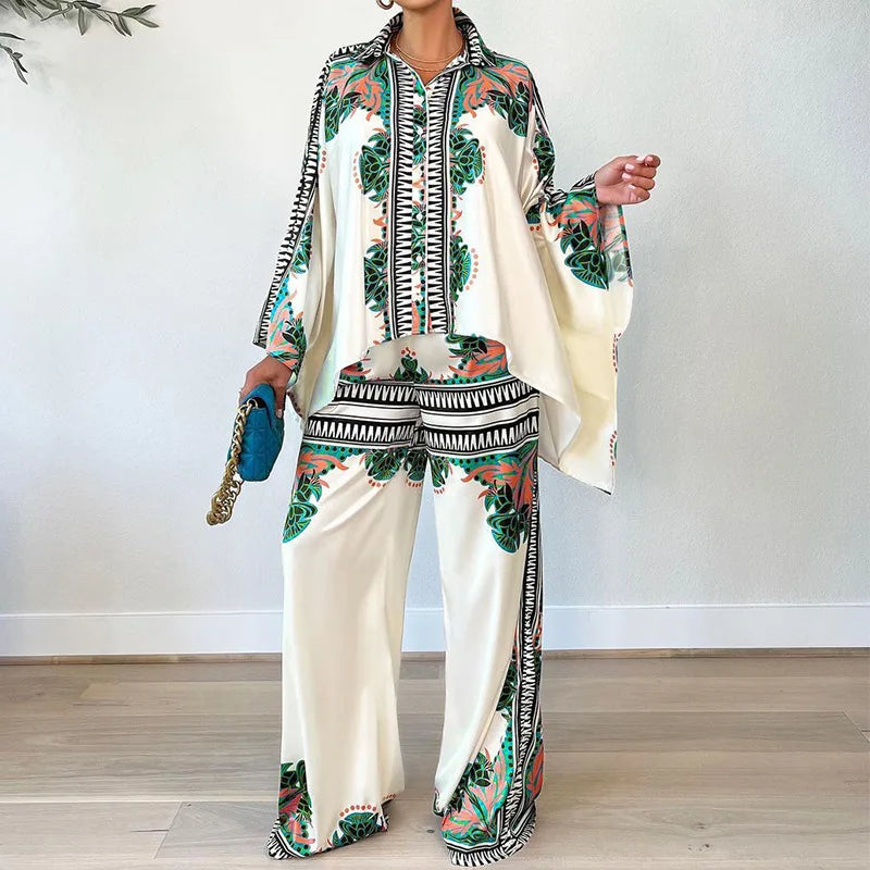 Maxy ZL20062022 Summer New Casual Print Bat Sleeve Top Loose Pants Two Piece Set For Women