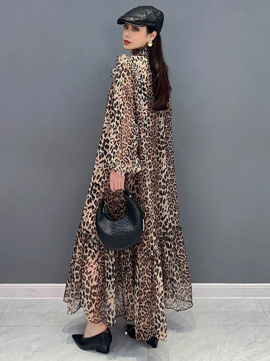 Babs Spring Summer New Dress Chiffon Printed Leopard Pattern Spliced Long Sleeved Ruffle Edge Elegant Dresses 5R9651