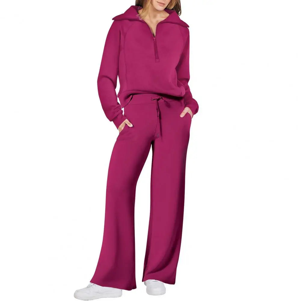 Oversized Sweatshirt Pants Set Women Two-piece Casual Suit Thick Loose Solid Color Tracksuit Set with Lapel Coat Wide for Fall