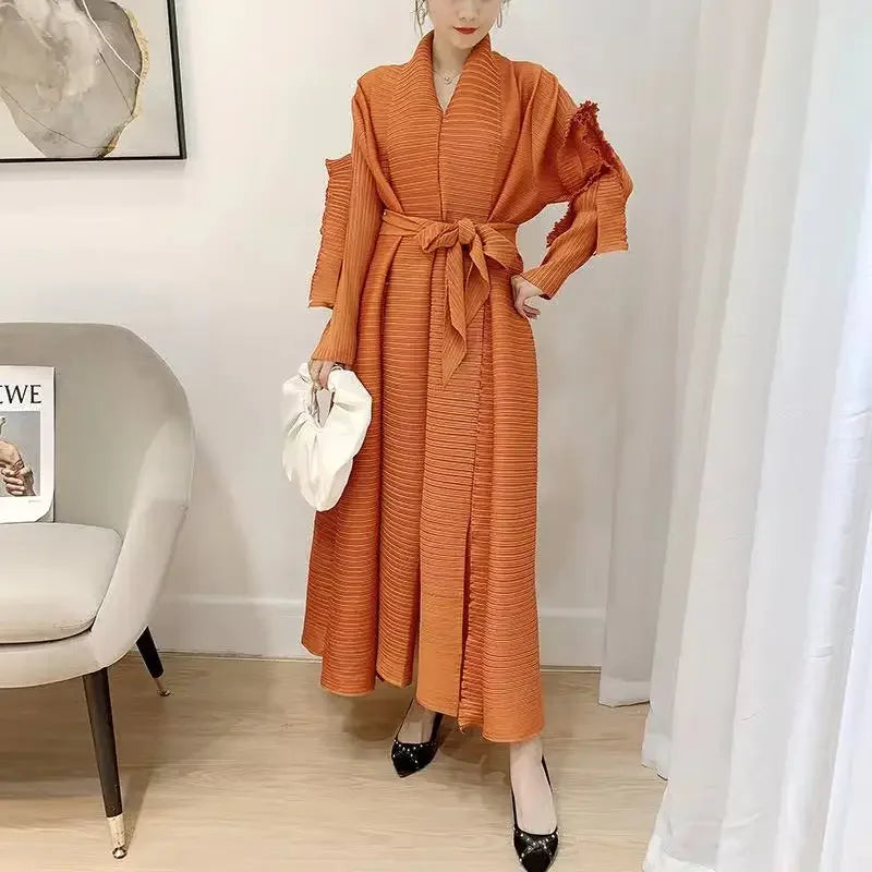 Babs Pleated Long Petal Sleeve Dress Lapel Cardigan Sashes Plus Size High Long Green Dress Winter Women Clothes