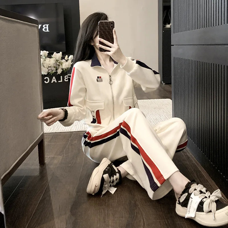 Maxy autumn Winter Tracksuit Women Hooded zipper jacket Sweatshirt + sport striped wide leg Pant Suit Casual Two Piece Set